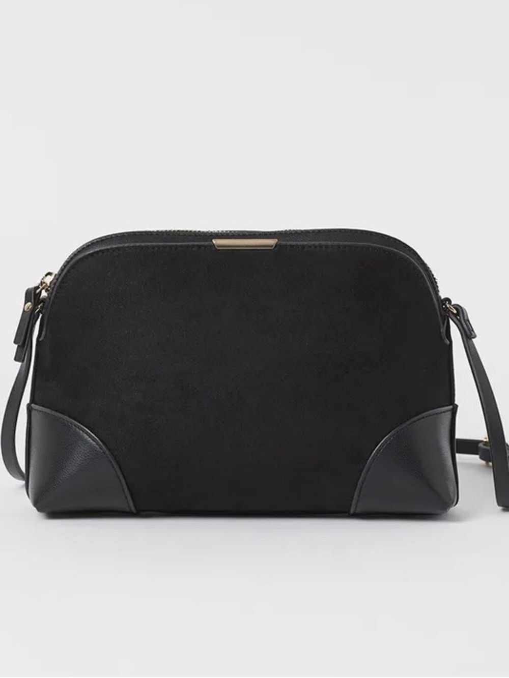 H&M Black Crossbody Dome Bag -Faux Leather & Suede w/Gold Hardware 6”x7”